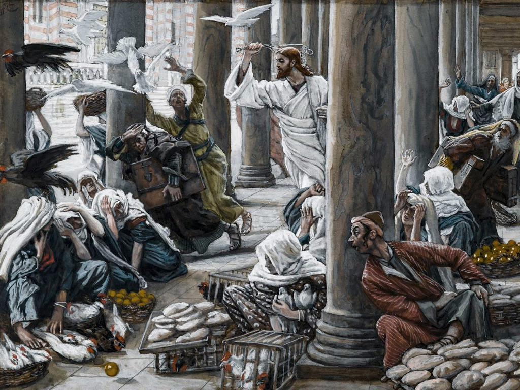 Jesus drives out all who are buying and selling in the Temple courts. 
Contributed by James Tissot Collection (Brooklyn Museum)/ FreeBibleimages.org.